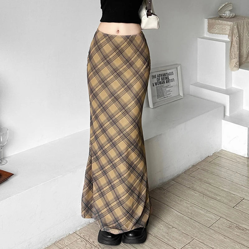 Y2K Vintage Aesthetic Plaid High Waist Maxi Skirt