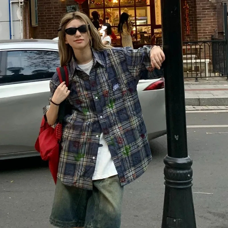 Y2K Vintage Blue Short Sleeve Plaid Flannel Button Up Shirt