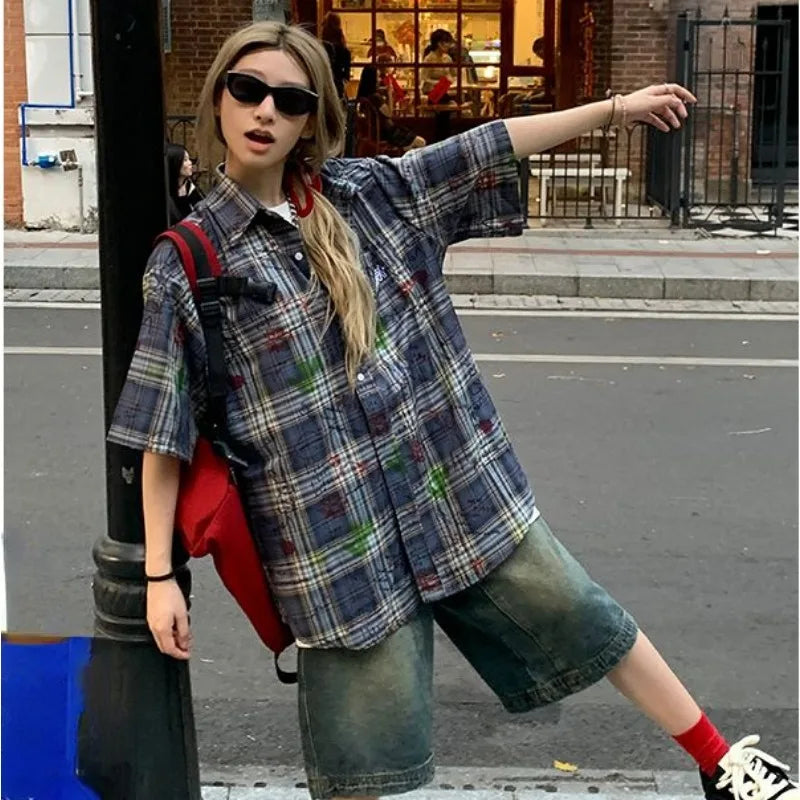 Y2K Vintage Blue Short Sleeve Plaid Flannel Button Up Shirt