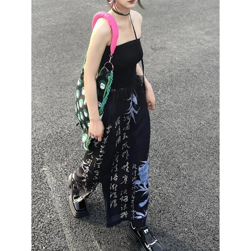 Y2K Vintage Japenese Floral Print Slit Midi Skirt