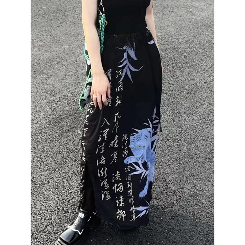 Y2K Vintage Japenese Floral Print Slit Midi Skirt