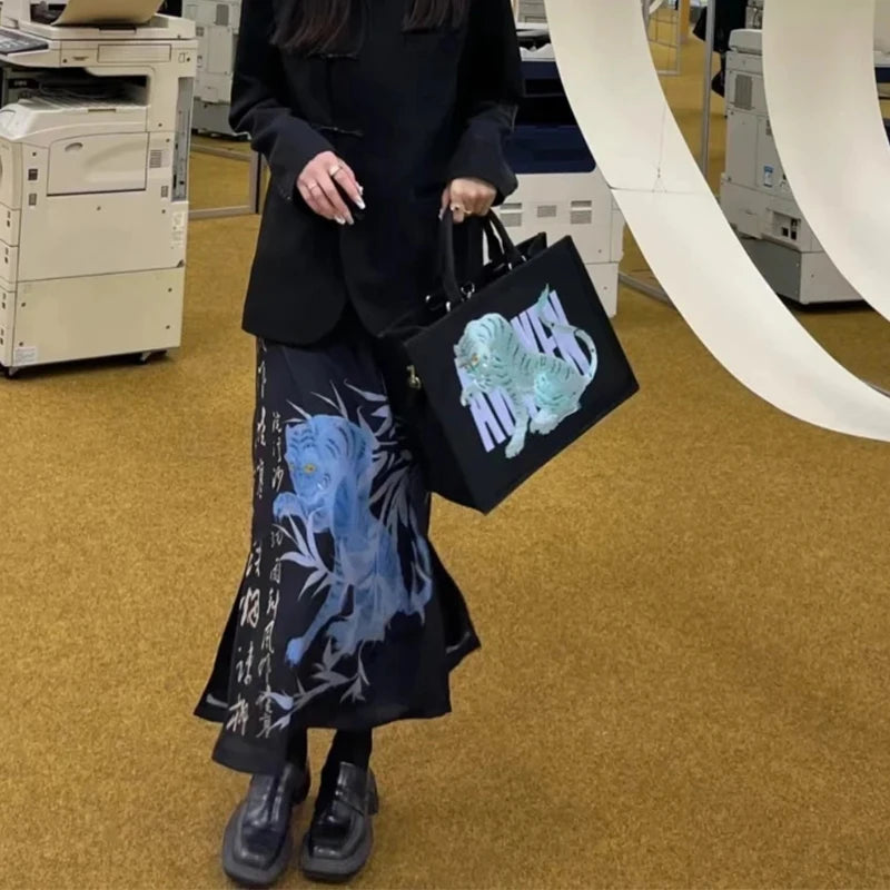 Y2K Vintage Japenese Floral Print Slit Midi Skirt