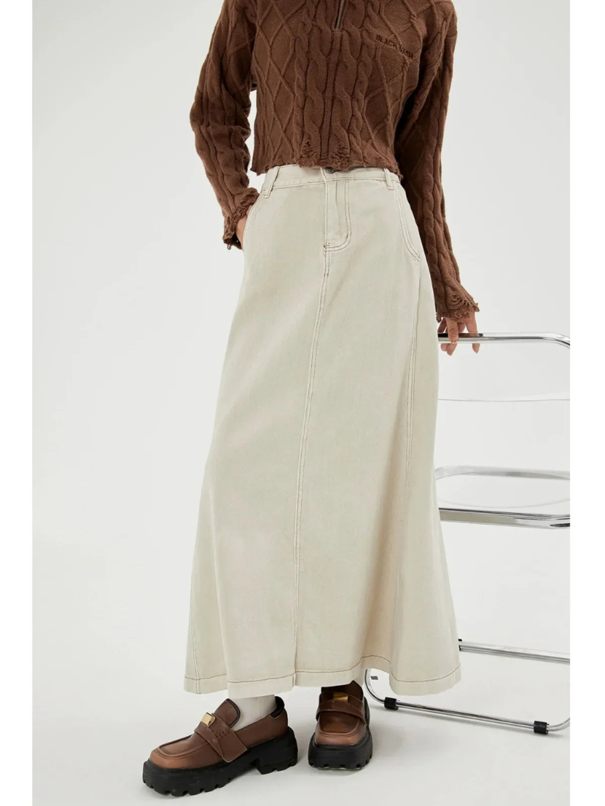 Y2K White Denim A-line Maxi Skirt