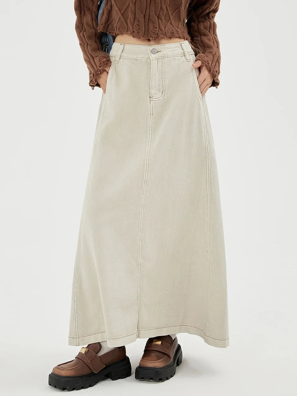 Y2K White Denim A-line Maxi Skirt