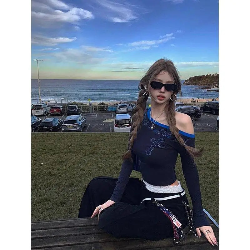 Y2K Womens Long Sleeve Cold Shoulder Top