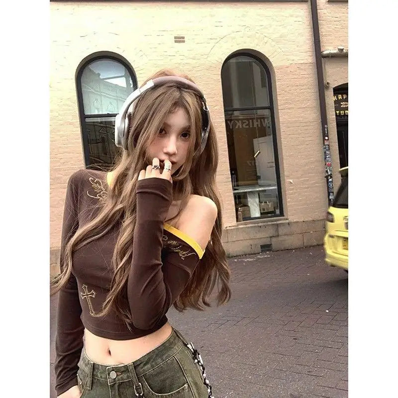 Y2K Womens Long Sleeve Cold Shoulder Top