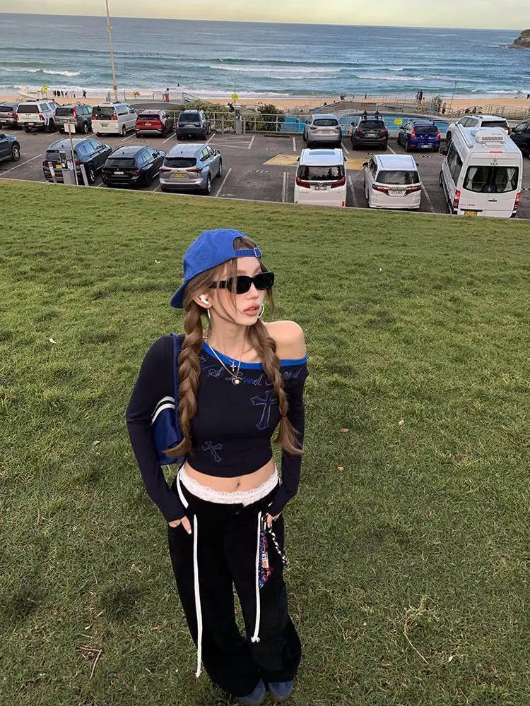 Y2K Womens Long Sleeve Cold Shoulder Top