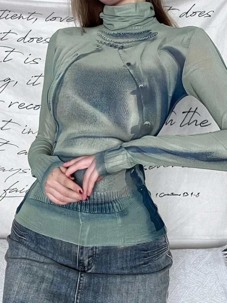 Y2K Womens Long Sleeve Turtle Neck Graphic Top