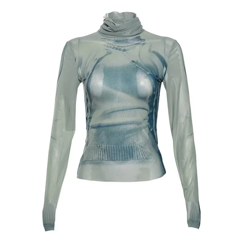 Y2K Womens Long Sleeve Turtle Neck Graphic Top