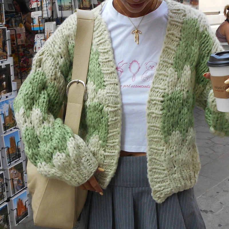 Y2K Womens Striped Lantern Sleeves Cardigan