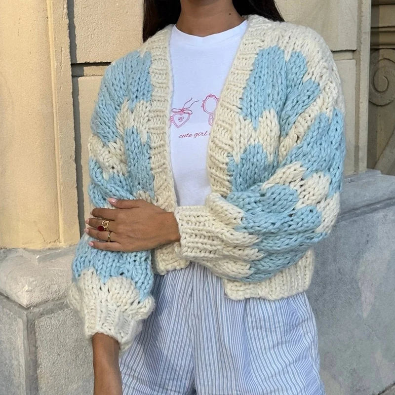 Y2K Womens Striped Lantern Sleeves Cardigan