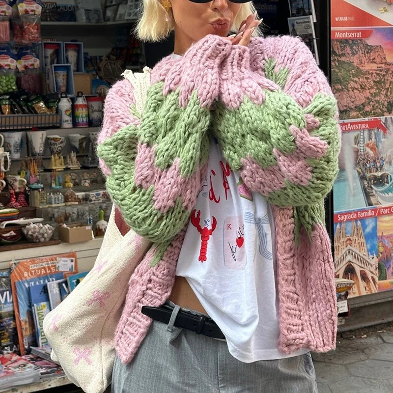 Y2K Womens Striped Lantern Sleeves Cardigan